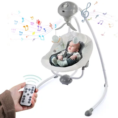 Produktbild von CAVEEN Babyschaukel, 360° drehbarer Sitz, 3 Schaukelrichtungen und 5 Geschwindigkeiten, spielt 11 Lieder, 3 Zeiteinstellungen, Elektrisch Babywippe