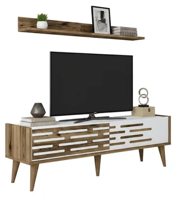 Produktbild von Fernsehschrank Achernar, Ständer für Wohnzimmerfernseher, Niedriges Wohnzimmer-Sideboard, TV-Ständerbasis, 140x45h35 cm, Walnuss und Weiß