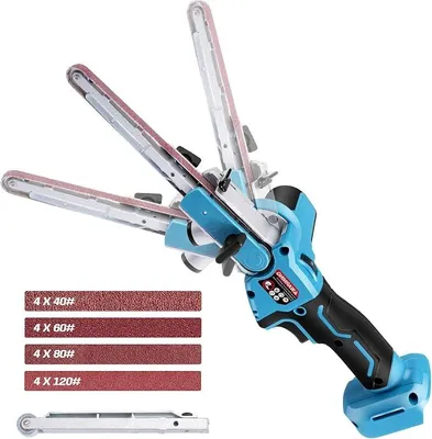 Produktbild von Akku Bandschleifer Kompatibel mit 18V, Bürstenloser Akku Bandfeile | mit Schleifarme 9 mm und 13 mm inkl. 16x Schleifbänder, 6 Geschwindigkeiten, 100° Einstellbare Feilenschleifer (ohne Akku)