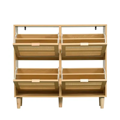 Produktbild von Flieks Schuhschrank Schuhkipper mit 4 Klappbaren Schuhregalen, Rattan Schuhkommode Flurkommode Schuhablage Schmal, Schuhregal Holz, Oak, 90cm