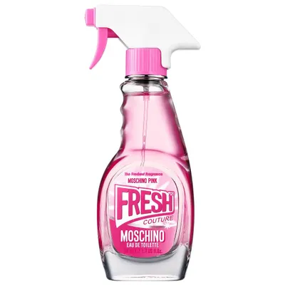 A Moschino Pink Fresh Couture Eau de Toilette bottle against a white background.
