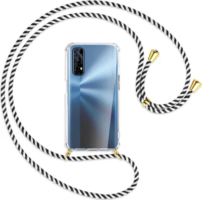 Produktbild von Handykette Backcover-Schutzhülle mit Band (Metall goldfarben) für Realme 7 (RMX2151) - schwarz/weiß gestreift