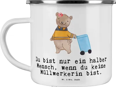 Produktbild von Mr. & Mrs. Panda Teetasse Müllwerkerin Herz - Weiß - Geschenk, Pott, Müllentsorgerin, Teebecher, wanderbecher, Lustig, Spruch, Witzig, Müllfrau, Emaille Tasse, Becher