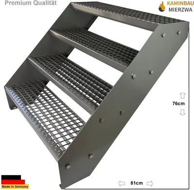 Produktbild von Gitterrost Stahl Wangentreppe 4 Stufen Verzinkt & Silber Pulverlackiert - (L x B x H) 82cm x 80cm x 76cm