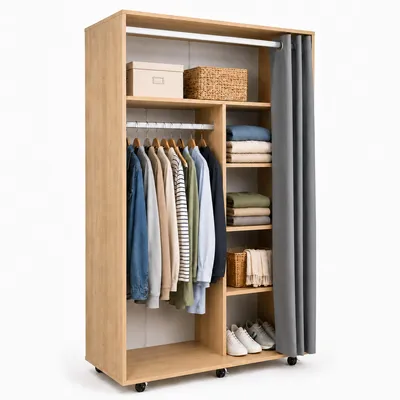 Immagine prodotto di Armadio su ruote H. 175 x L. 101 x P. 51 cm con aste appendiabiti, ripiani e tenda, armadio mobile - Ostila