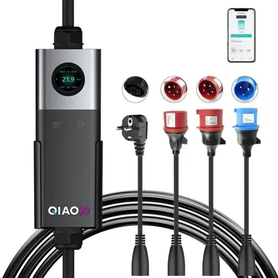 Image de Qiao Kit Mobile Wallbox 22 kW 32 A  triphasée, câble de 6,5 m de type 2 avec prise F/E, CEE 32 A rouge/bleu, CEE 16 A pour véhicules électriques
