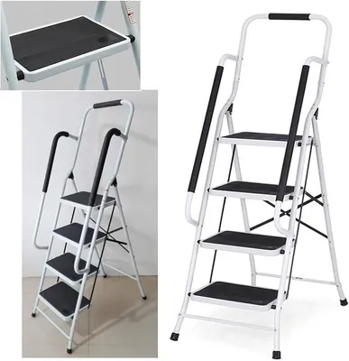 Produktbild von Trittleiter 4 Stufen mit Haltegriff Klappbar Stahl Klappstufen Haushaltsleiter Klapptritt Stufenleiter platzsparend, bis 150 kg belastbar