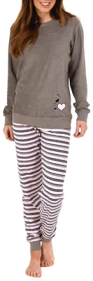 Produktbild von Eleganter Damen Frottee Pyjama Schlafanzug mit Bündchen und Herz Motiv - 291 201 13 570 ; grau , 36