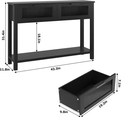 Image de Table console - Table d'appoint - 2 niveaux - Étroite - Rectangulaire - Bois - Compartiment de rangement ouvert - Noir