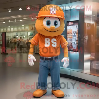 Produktbild von Orangefarbener REDBROKOLY American Football Helm Maskottchen Kostüm Charakter bekleidet mit einem Denim Shorts und Hüte
