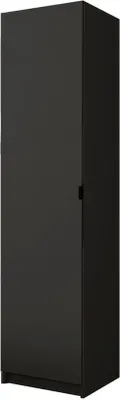 A black wardrobe with a single door is shown from a slight angle.