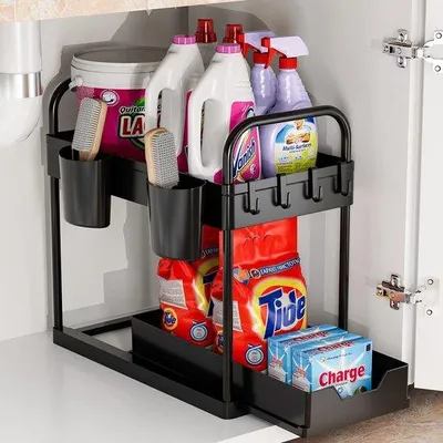 Produktbild von Famanu Gootsteenorganizer 2 Ebenen - Höhenverstellbare Ablage mit 4 Haken und 2 Hängetaschen