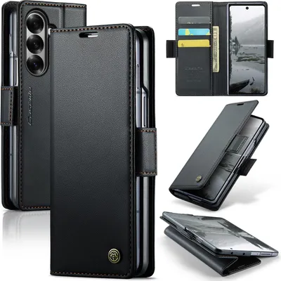 Immagine prodotto di Custodia per Samsung Galaxy Z Fold 7, carta di blocco RFID, custodia in pelle avanzata con funzione di supporto Nero