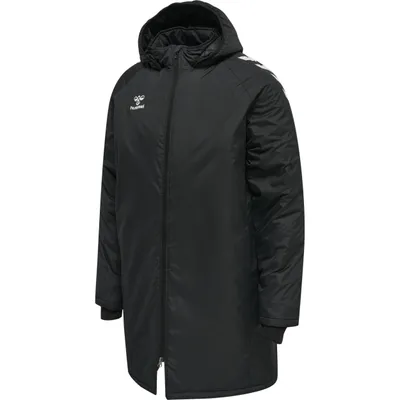 A black unisex bench jacket with a hood, zipped front, and white Hummel logo on the left chest.