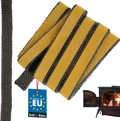 A close-up of a roll of self-adhesive fiberglass sealing tape for a fireplace, with a tag indicating it's made in the EU, and a small image of a fireplace in the background.