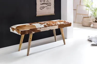 Produktbild von WOHNLING Sitzbank Ziegenfell / Massivholz Bank 120 x 40 x 52 cm Polsterbank Flur Esszimmer Braun Kleine Bettbank Fell Dielenmöbel Flurbank
