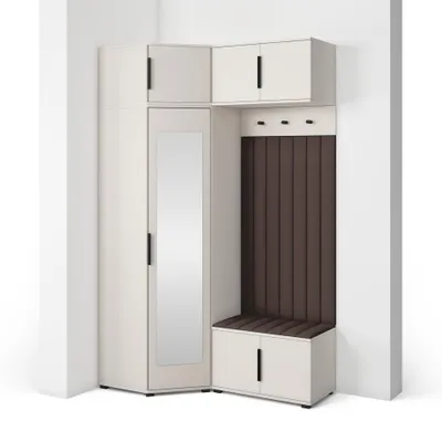 Produktbild von Garderoben-Set Napoli Version 23: Eckschrank mit Polsterpaneelen, Schuhschrank und Schrankaufsatz Flur und Eingangsbereich (Cashmere/Trinity 08)