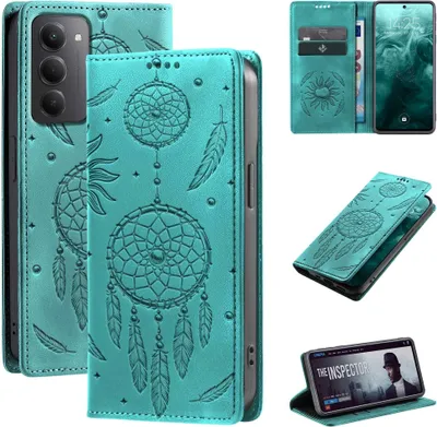 Produktbild von Handyhülle für Xiaomi Redmi 15 / 15 5G RFID Schutz Klapphülle Case Cover Blumen Design Traumfänger Schutzhülle Farbe: Türkis