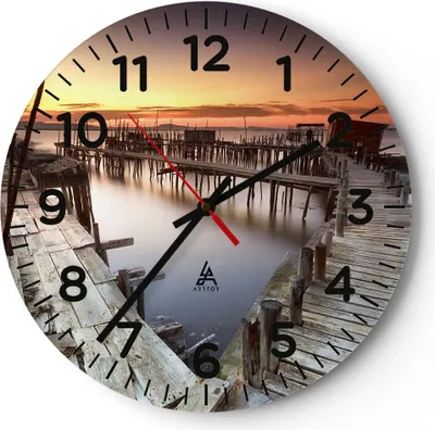Produktbild von Wanduhr - Rund - Glasuhr - Brücke Boot Meer - 30x30cm - Schleichendes Uhrwerk - Lautlos - zum Aufhängen bereit - Dekoration Modern - Wanddekoration aus Glas - C4AR30x30-3807