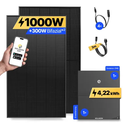 Produktbild von 1000W Balkonkraftwerk mit Speicher + Erweiterung Solakon ONE (4,22 kWh) Solaranlage Steckerfertig WIFI Komplettset Photovoltaik Anlage, Kabellänge: 3m