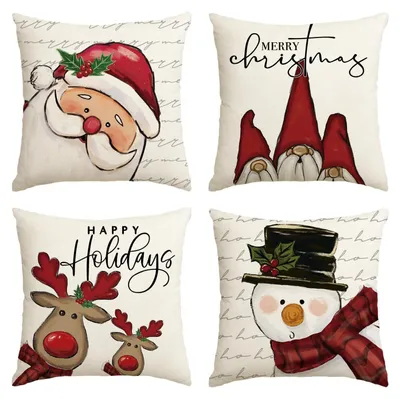 Image de Ensemble de 4 housses de coussin, 40x40 cm, couleur beige, motif de Noël (renne, Père Noël, bonhomme de neige), en polyester