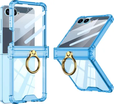 Produktbild von Hülle für Samsung Galaxy Z Flip 7 Transparente Stoßfest Schutzhülle Eingebauter Displayschutz mit Scharnierschutz und Ring Blau