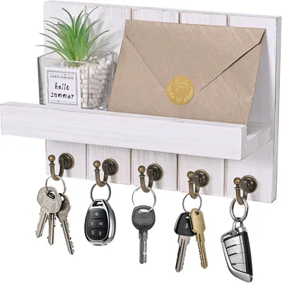 Image de Porte-clés avec tablette, porte-clés en bois avec 5 crochets, porte-clés mural, rangement pour clés pour l'entrée, le couloir, le salon, blanc
