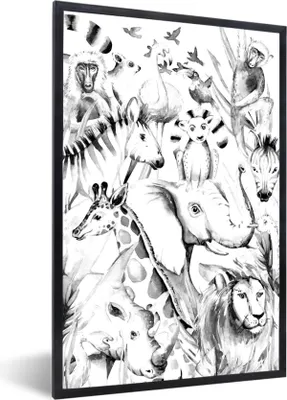 Produktbild von MuchoWow® Gerahmtes Poster Aquarelle - Tiere - Dschungel - Pastell - Jungen - Mädchen - Kinder 60x90 cm - Poster mit Schwarzem Bilderrahmen Wandposter Rahmen Foto Bilder - Kunst