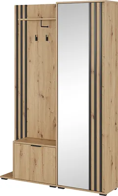 A hallway wardrobe with a mirror, coat hooks, and a shoe cabinet.
