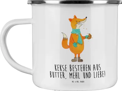 Produktbild von Mr. & Mrs. Panda Teetasse Fuchs Keks - Weiß - Geschenk, Emaille Tasse, Weihnachtlich, Frieren, Kaffeepott, Weihnachten, Plätzchen, Haferl, Kekse, Pott, Teebecher