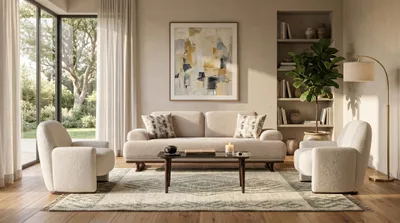 Immagine prodotto di Divano componibile 3 posti + 2 poltrone, design moderno, colore beige, tessuto bouclé, ampio e confortevole