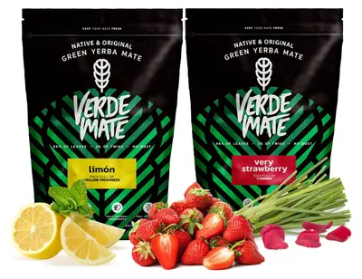 Produktbild von Verde Mate - Mate Tee Set Limon, Strawberry 2x500g - Dicke Blätter 5mm - Mild, Luftgetrocknet - Stark Belebend - Yerba Brasilien