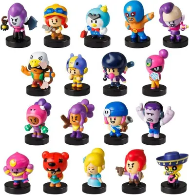 A collection of small character figurines arranged in rows.