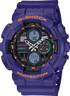 A close-up studio shot of a purple Casio G-Shock watch against a white background.