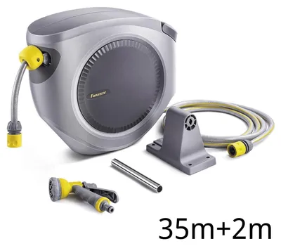Produktbild von Schlauchtrommel 35 m 1/2" Extra Lang, mit Wandhalterung, 8-Funktionsbrause, Auto-Einzug, 180° schwenkbar