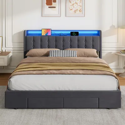 Obrázek produktu pro okwish čalouněná postel 180x200 postel pro mládež/dětská postel s úložným prostorem a LED osvětlením, úložná boxspring postel se zásuvkami a zásuvkami, šedá (bez matrace)