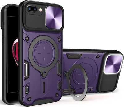 Produktbild von Handyhülle für iPhone 8 Plus / 7 Plus Dual-Layer Stoßfest Rüstung Hülle mit Dia Kameraschutz und Kreisförmig Ring Ständer Lila