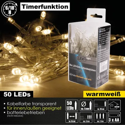 A product image of a string of LED lights with packaging and descriptive text.