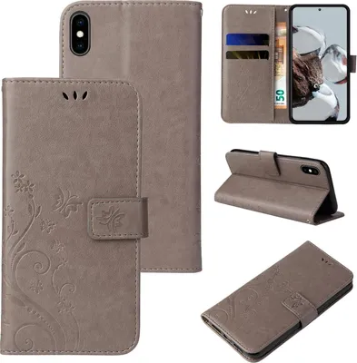 Produktbild von Handyhülle für Apple iPhone XS Floral Blumen Schmetterling Flip Cover Hülle Case Klapphülle Handytasche Farbe: Grau