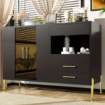 Immagine prodotto di Mobile contenitore - Credenza - Armadio contenitore - Cassettiera - Mobile buffet - Nero - 120 cm - Con ante in vetro e 3 cassetti