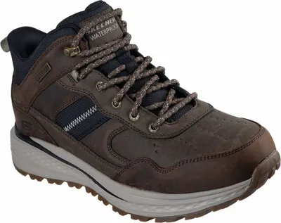 A single brown Skechers boot is shown against a white background.