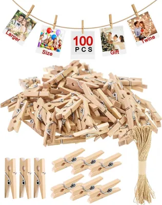Imagen del producto de Mini grapas de madera de 35 mm, paquete de 100 unidades, con 12 metros de cuerda de yute, ideales para fotos y proyectos de manualidades