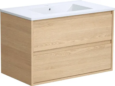 Produktbild von Waschbeckenunterschrank hängend mit Einbauwaschbecken - 80 cm - Eichenholzfurnier - MILIPAM