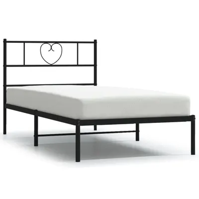 A black metal bed frame with a white mattress on a white background.