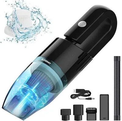 A black handheld vacuum cleaner with a transparent dustbin showing a blue filter and swirling air. Accessories and a charging cable are arranged around it.