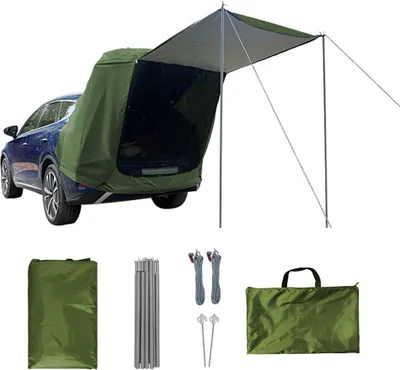 Produktbild von Outdoor Auto-Heckzelt, Camping-Auto-Heckzelt mit Vordach, Dachverlängerungszelt, Militärgrün – mit Stange (2,25 kg)