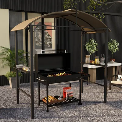 Image de Abri de barbecue 1,1 x 2,3 m – résistant aux intempéries avec toit en polyester et tablettes latérales, pour barbecues jusqu'à 100 cm, en acier, couleur kaki