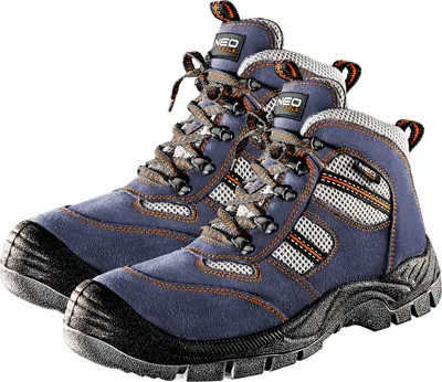 A pair of blue work boots with black soles and orange accents.