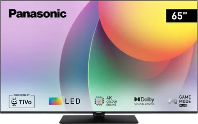 A Panasonic 65-inch 4K LED Smart TV is displayed with various feature icons and text overlays.