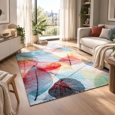 Produktbild von Designer Teppich Faro Bunt Blätter Modern, Größe:80x150 cm, KI-generiertes Bild